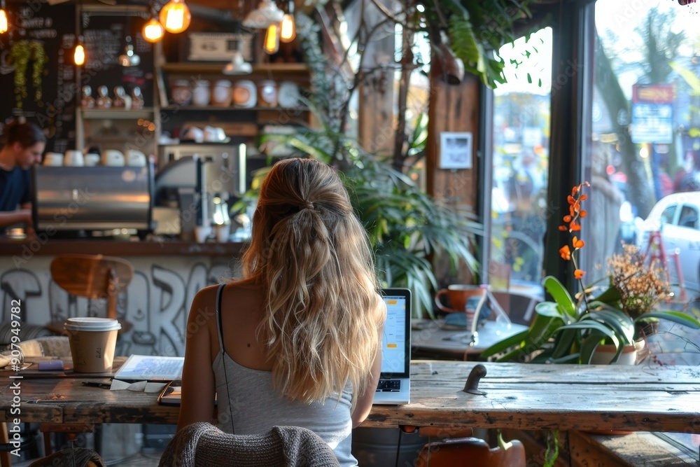 Two happy women using a laptop to brainstorm in a coworking space, Generative AI Two happy women using a laptop to brainstorm in a coworking space, Generative AI