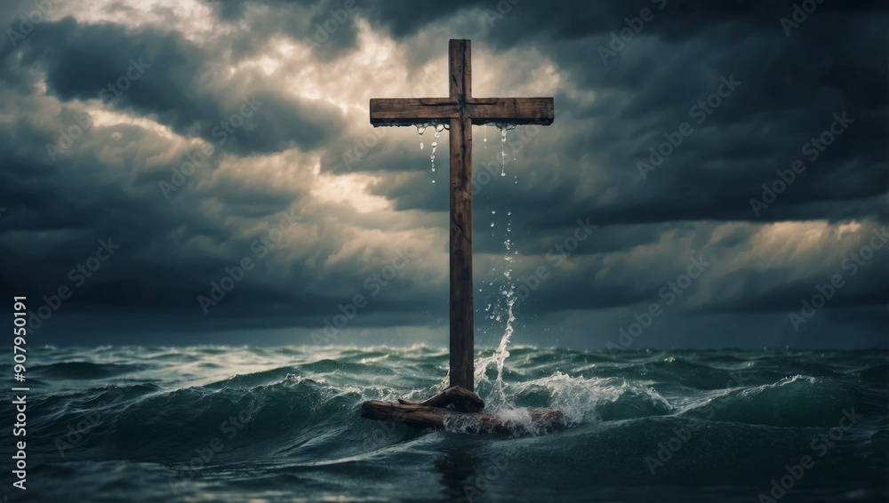 Naklejka premium Conceptual image of christian cross in water with stormy sky.