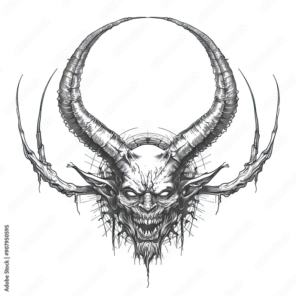 Obraz premium Close-up of the head of a creepy horned monster. Black and white drawing with a gloomy and ominous mood. Illustration for cover, card, postcard, interior design, decor or print.