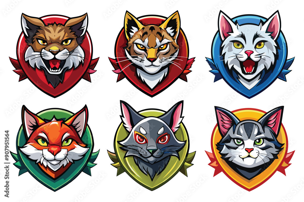 Six Cartoon Cat Mascot Heads with Different Expressions and Colors Six Cartoon Cat Mascot Heads with Different Expressions and Colors