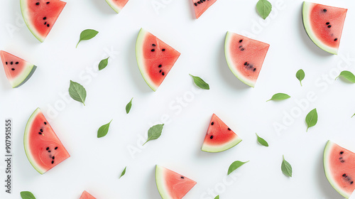 Minimalistic flat lay of watermelon slices with green leaves on white background. Refreshing summer fruit concept, perfect for healthy eating and summer diet themes.