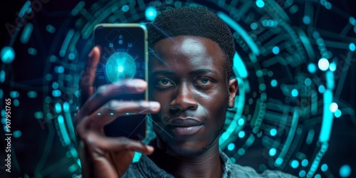 African man showing phone and biometric scanning hologram, verification, Generative AI