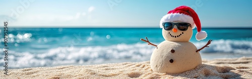 Holiday Snowman Made of Sand on Sunny Beach