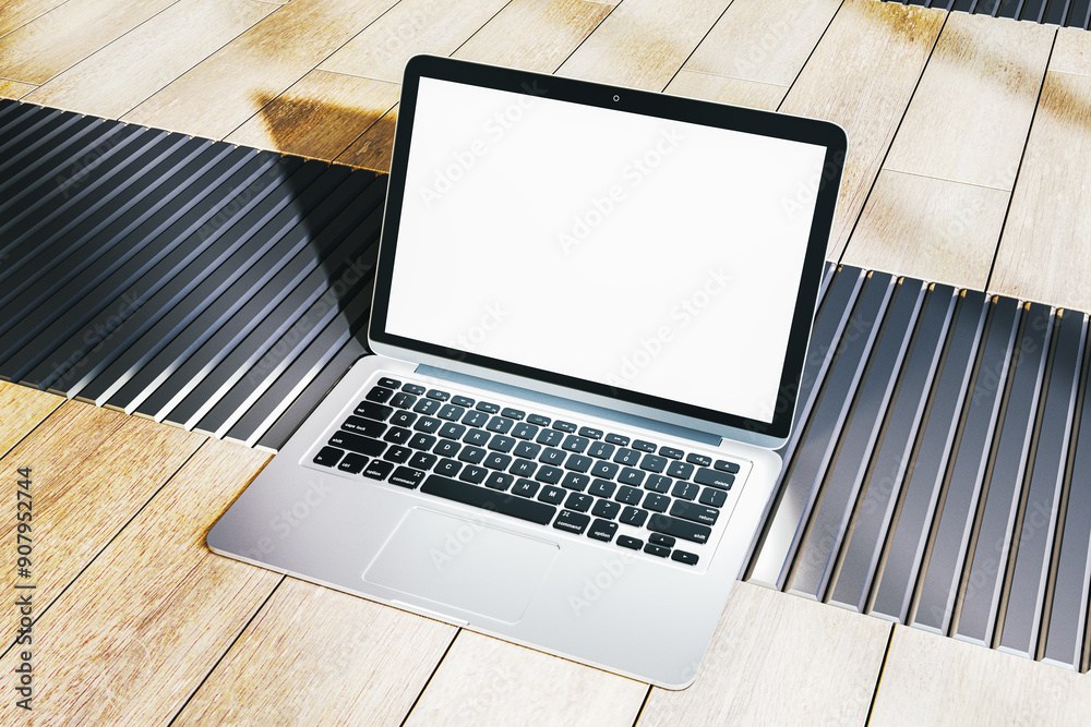 Open laptop with blank screen on a wooden table. 3D Rendering Open laptop with blank screen on a wooden table. 3D Rendering