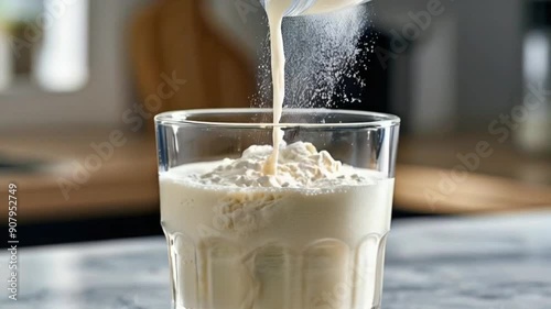a glass of milk with powdered supplement being poured

