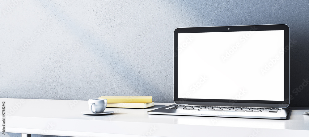 Modern laptop with blank screen on a clean white desk. 3D Rendering Modern laptop with blank screen on a clean white desk. 3D Rendering