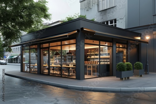 A modern cafe with large windows on a street corner, dark and light exterior. Urban setting. Restaurant mockup.  Generative AI