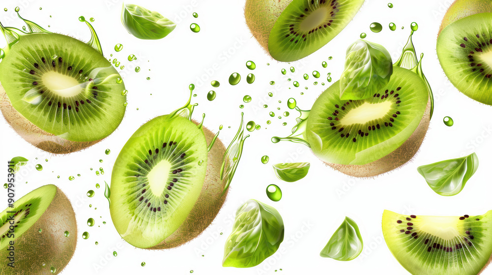 Fototapeta premium Fresh Kiwi Fruits and Leaves on White Background with Water Droplets and Splashes