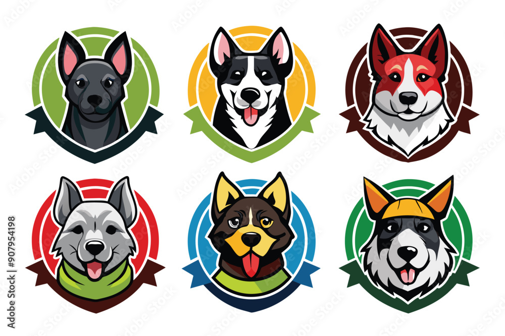 Six Cartoon Dog Heads in Circular Frames with Different Colors and Designs Six Cartoon Dog Heads in Circular Frames with Different Colors and Designs