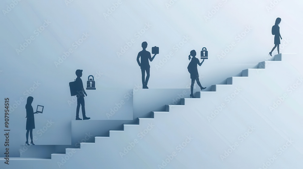 Silhouetted students on a staircase, each holding a different educational symbol, education concept, steps to knowledge, progress Silhouetted students on a staircase, each holding a different educational symbol, education concept, steps to knowledge, progress