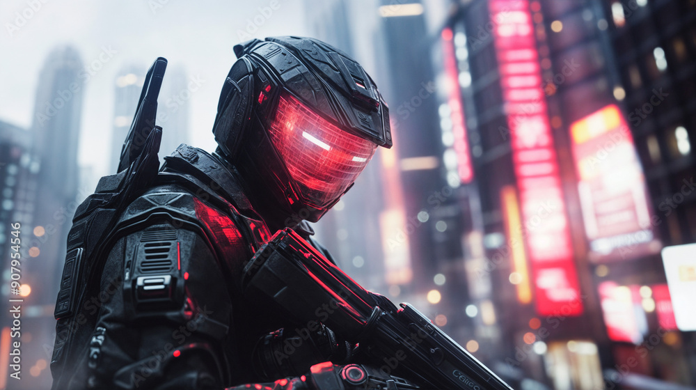 High-tech cybernetic soldier in a futuristic urban environment High-tech cybernetic soldier in a futuristic urban environment