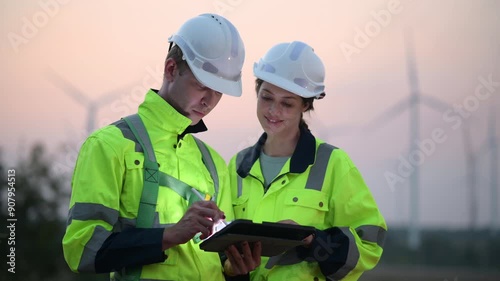 Engineers working and using tablet on site in wind turbine farm, Wind turbines generate clean energy source, Eco technology for electric, industry environment