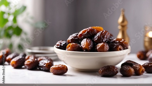 Fresh Medjool Dates in a bowl on the white table, Ramadan Kareem and Eid Mubarak concept. photo