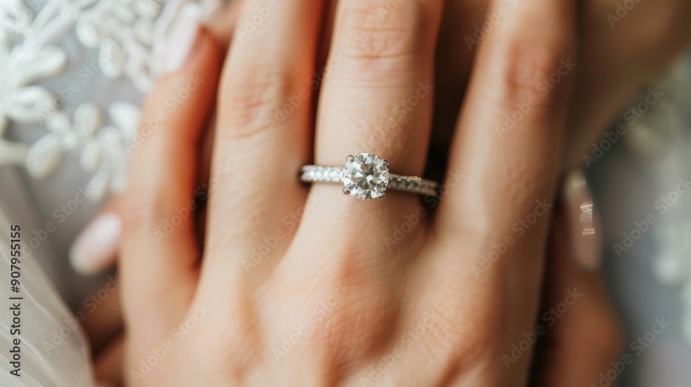 A close-up shot of a woman wearing a diamond wedding ring on her hand. Marriage and vows concept topics. A close-up shot of a woman wearing a diamond wedding ring on her hand. Marriage and vows concept topics.