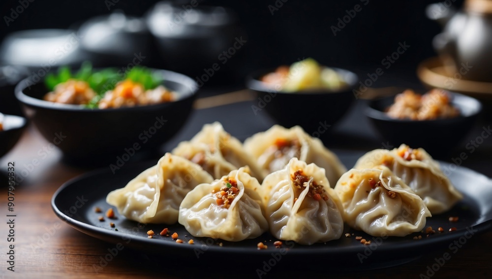 Closeup gyoza dumplings on the black plate on the table, Japanese and Korean cuisine food concept. Closeup gyoza dumplings on the black plate on the table, Japanese and Korean cuisine food concept.