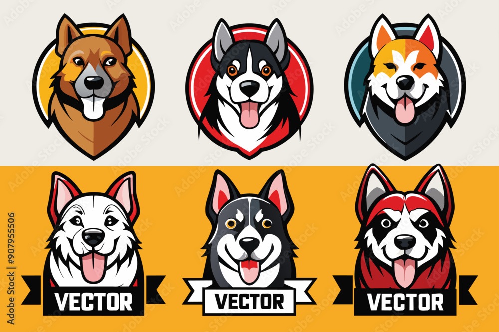 Six Cartoon Dog Head Portraits With Ribbons and Six Cartoon Dog Head Portraits With Ribbons and