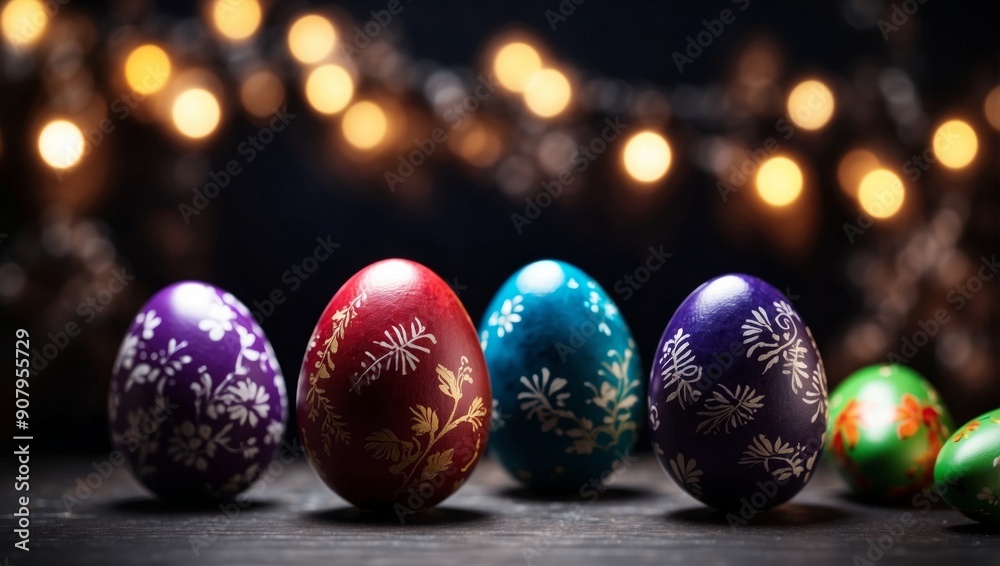 Decorated easter eggs on a dark background.