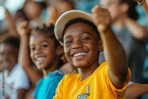 Happy black family cheering from stands during sports match at the stadium, Generative AI