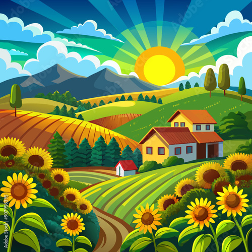 beautiful rustic sunflower landscape with a backdrop