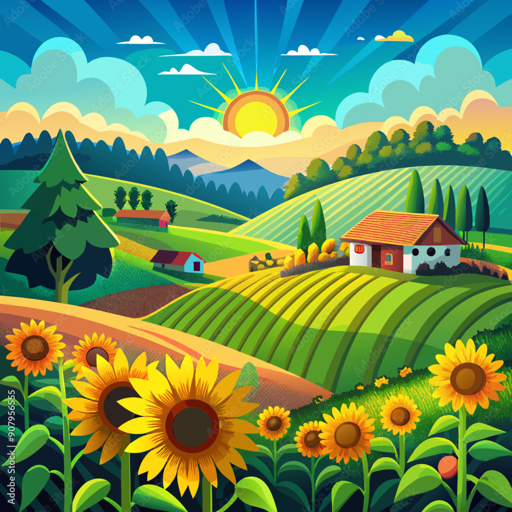 Fototapeta premium beautiful rustic sunflower landscape with a backdrop