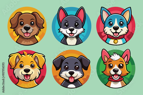 Six Cartoon Dogs with Different Fur Colors and Expressions