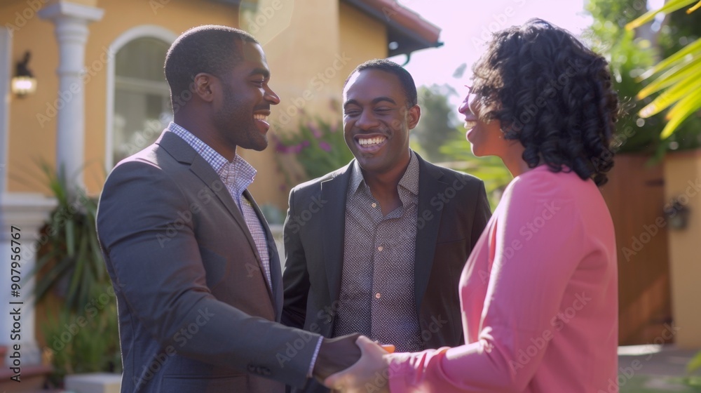 Three friends shaking hands, happy, excited, success, partnership Three friends shaking hands, happy, excited, success, partnership