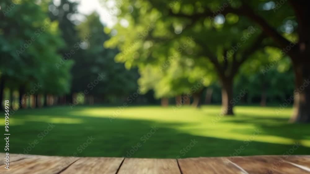 Wooden Tabletop with Blurred Green Park Background Wooden Tabletop with Blurred Green Park Background