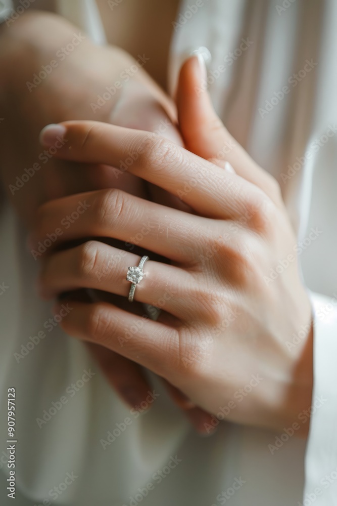 A close-up shot of a woman wearing a diamond wedding ring on her hand. Marriage and vows concept topics. A close-up shot of a woman wearing a diamond wedding ring on her hand. Marriage and vows concept topics.