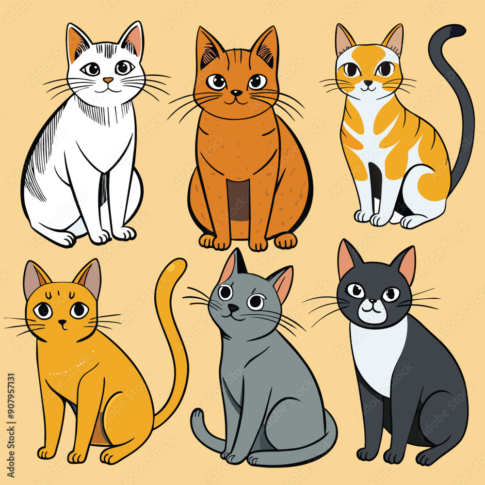 Obraz premium Six Cartoon Cats with Different Fur Colors and Patterns