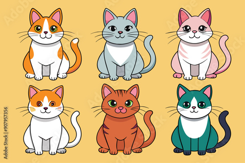 Six Cartoon Cats in Different Colors Sitting on a Yellow Background