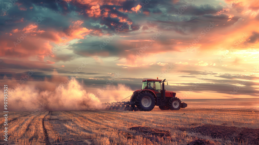 Fototapeta premium A modern tractor works diligently in a vast field, kicking up dust beneath a stunning sunset sky that paints the horizon with vibrant colors