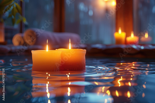 Cozy spa ambiance with lit candles floating in water, creating a serene and relaxing atmosphere, perfect for relaxation and tranquility. photo