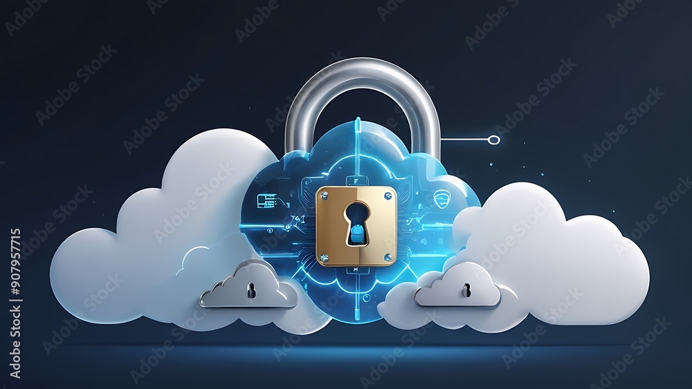 stylized cloud icon combined with a safe padlock symbol in an abstract depiction of cloud security services