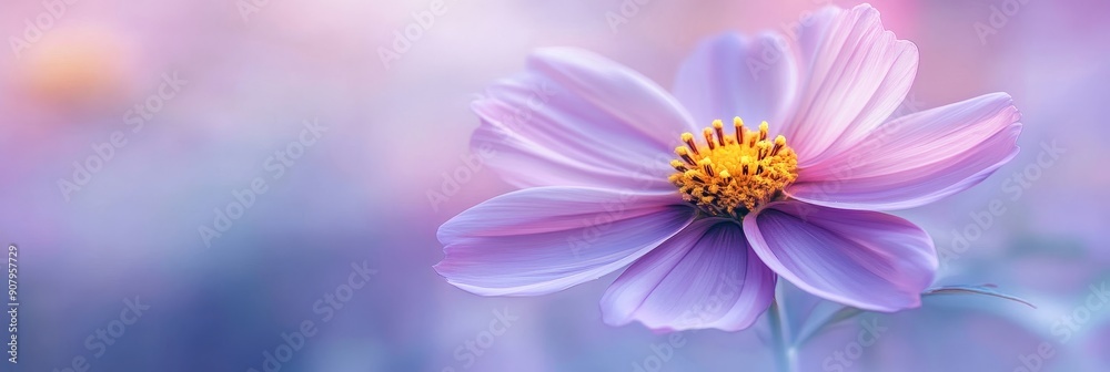Fototapeta premium A single pink cosmos flower with yellow center, soft focus and a blurred background, representing beauty, nature, fragility, growth, and peace.