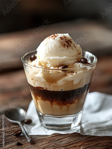 affogato in glass and wooden background
 photo