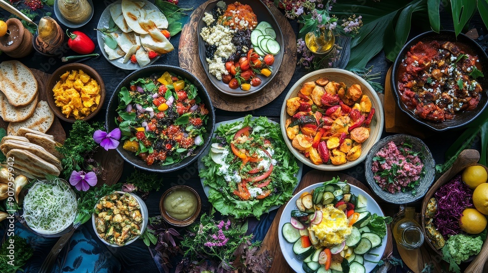 A table filled with a variety of vegan dishes, featuring fresh salads, colorful vegetables, and hearty grains, offering a healthy and flavorful meal experience. A table filled with a variety of vegan dishes, featuring fresh salads, colorful vegetables, and hearty grains, offering a healthy and flavorful meal experience.