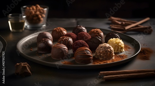 Appetizing chocolate truffle with decorative ornaments.