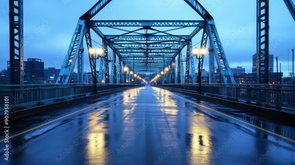 Obraz premium Dusk, Empty bridge in the rain reveals wet surface reflecting streetlights. Calm and gloomy atmosphere. Focus on the play of light and reflections on the rain-soaked bridge.