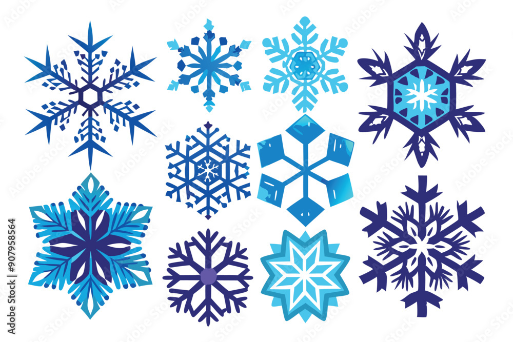 A Collection of Ten Unique Blue and White Snowflakes A Collection of Ten Unique Blue and White Snowflakes