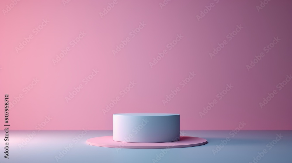 A minimalist composition featuring a cylindrical podium with a soft pink and blue gradient, set against a matching pastel background for a serene visual effect. A minimalist composition featuring a cylindrical podium with a soft pink and blue gradient, set against a matching pastel background for a serene visual effect.