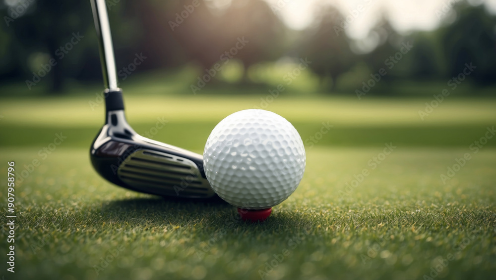 Fototapeta premium Golf ball on a green lawn and golf club ready to push it.