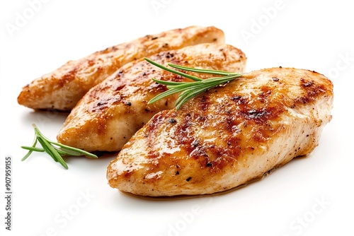 Juicy grilled chicken breasts with rosemary garnish on white background