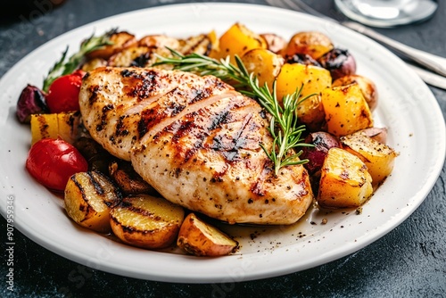 Grilled chicken breast with roasted vegetables on white plate
