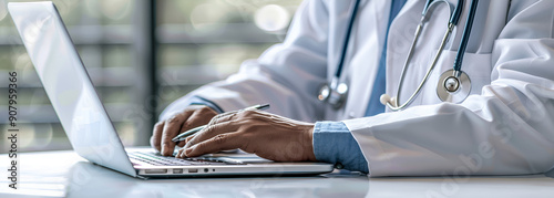 Panoramic banner with female doctor in white uniform working on laptop computer in hospital, female doctor, white uniform, hospital setting
