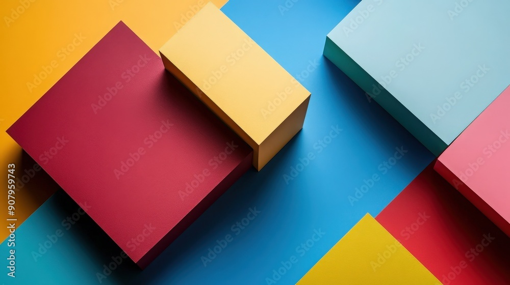 Vibrant geometric shapes in red, yellow, and blue create a modern art composition, perfect for design and advertising projects. Vibrant geometric shapes in red, yellow, and blue create a modern art composition, perfect for design and advertising projects.