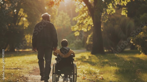Elderly Man Walking with a Child in a Wheelchair in a Park