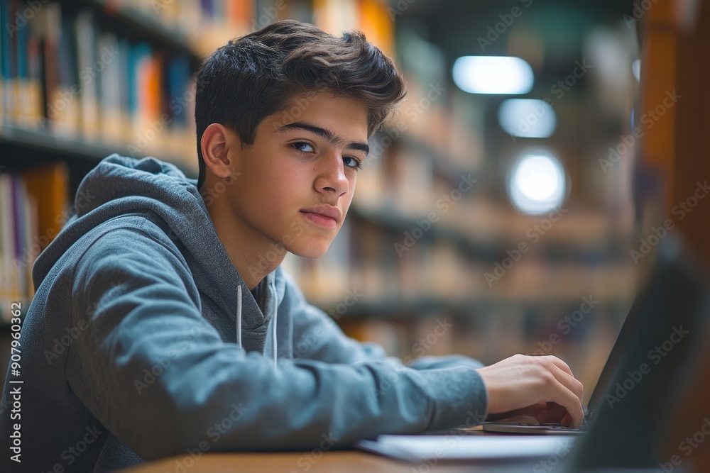 Male student learning at high school library, Generative AI Male student learning at high school library, Generative AI