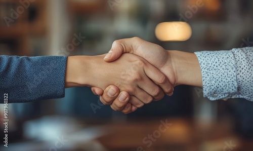 Close-up of business partners handshaking after successful agreement in office, Generative AI