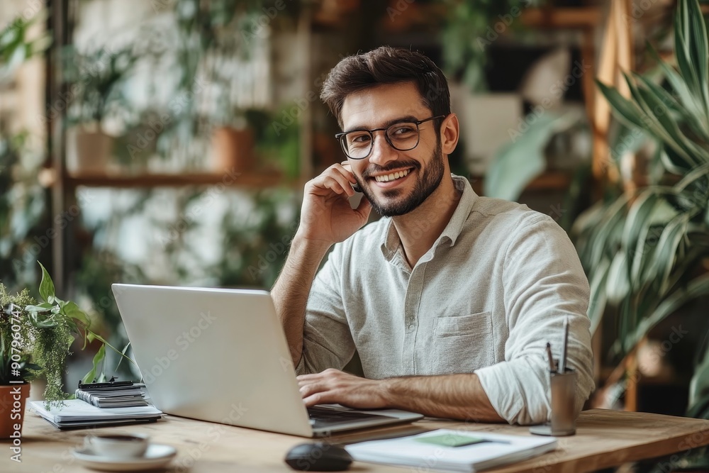 Successful and self-confident young businessman working concentratedly in the office behind a laptop. Sitting at the desk smiling, checking data and accounts, talking on a video, Generative AI