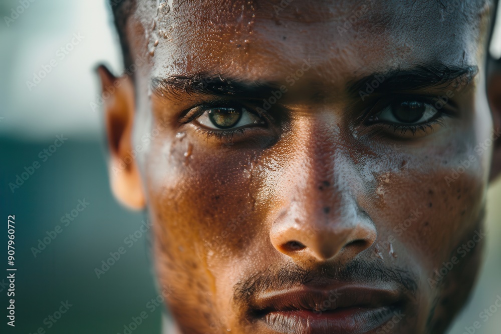 Focused soccer player looking at the audience. Focused soccer player looking at the audience.
